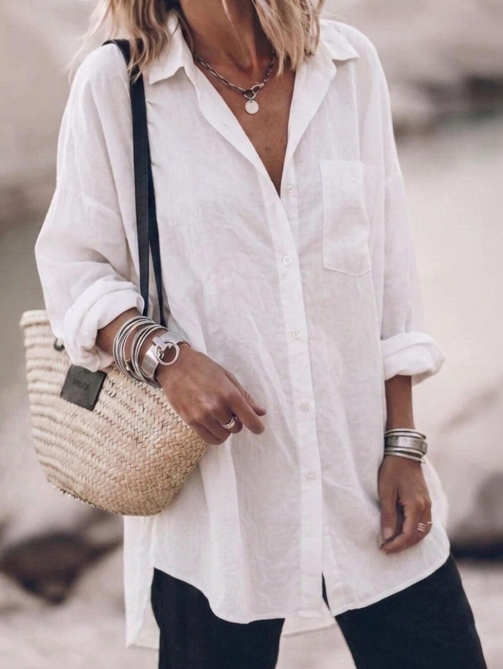Oversized Linen Blend White Button Down